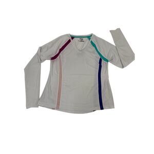 Fila womens sport shirt long sleeves size large. White w/ pink, blue & teal